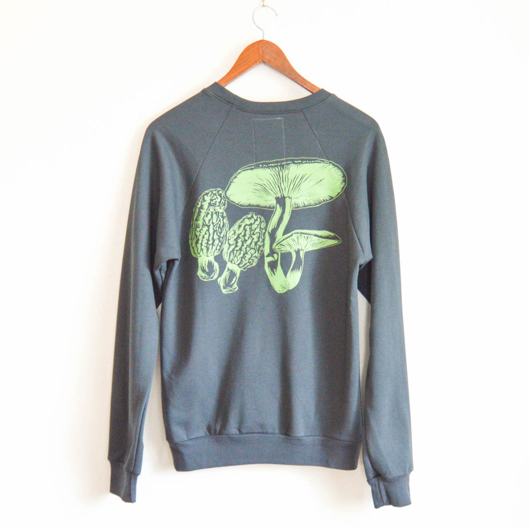 Gray and Green Organic Cotton Crewneck Sweatshirt with Mushroom Print 2.0