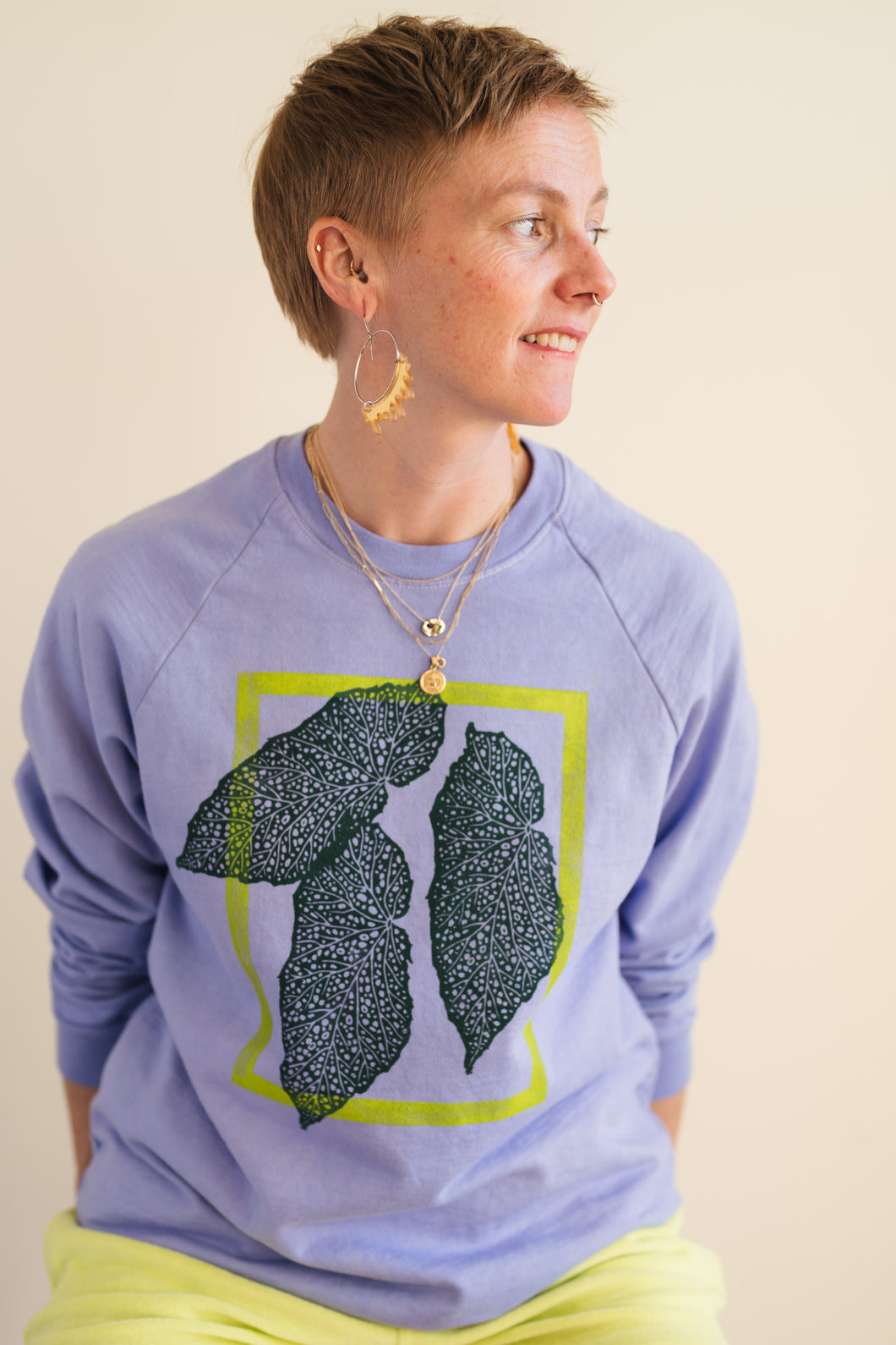 Hand Dyed and Block Printed Crewneck - Begonia Leaf